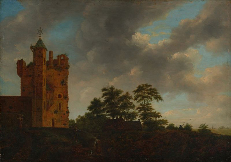 Landscape oil painting by Emanuel Murant featuring a castle, foliage, and sunlight.