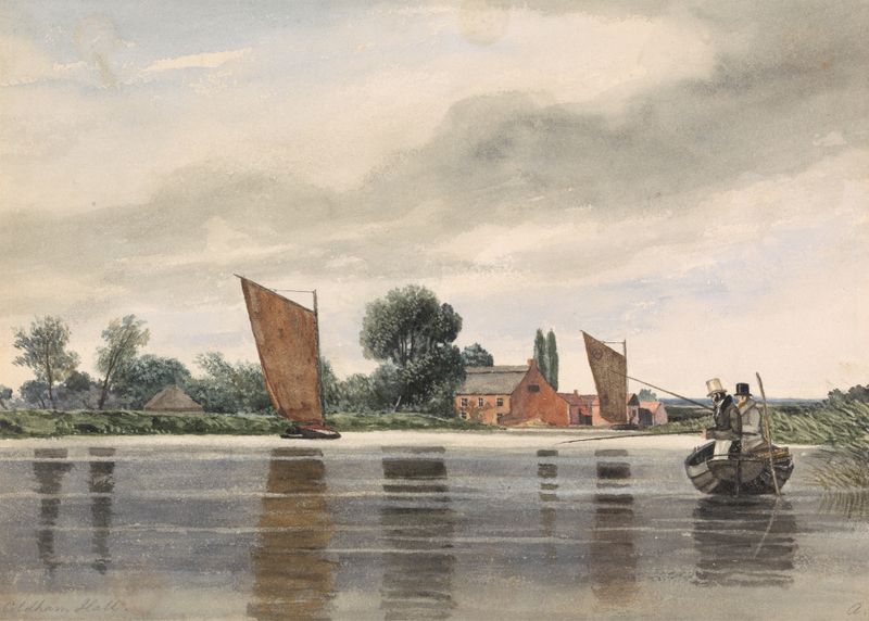 Coldham Hall, com H. Priest e C. Turner Angling, óleo sobre tela de Alfred Priest