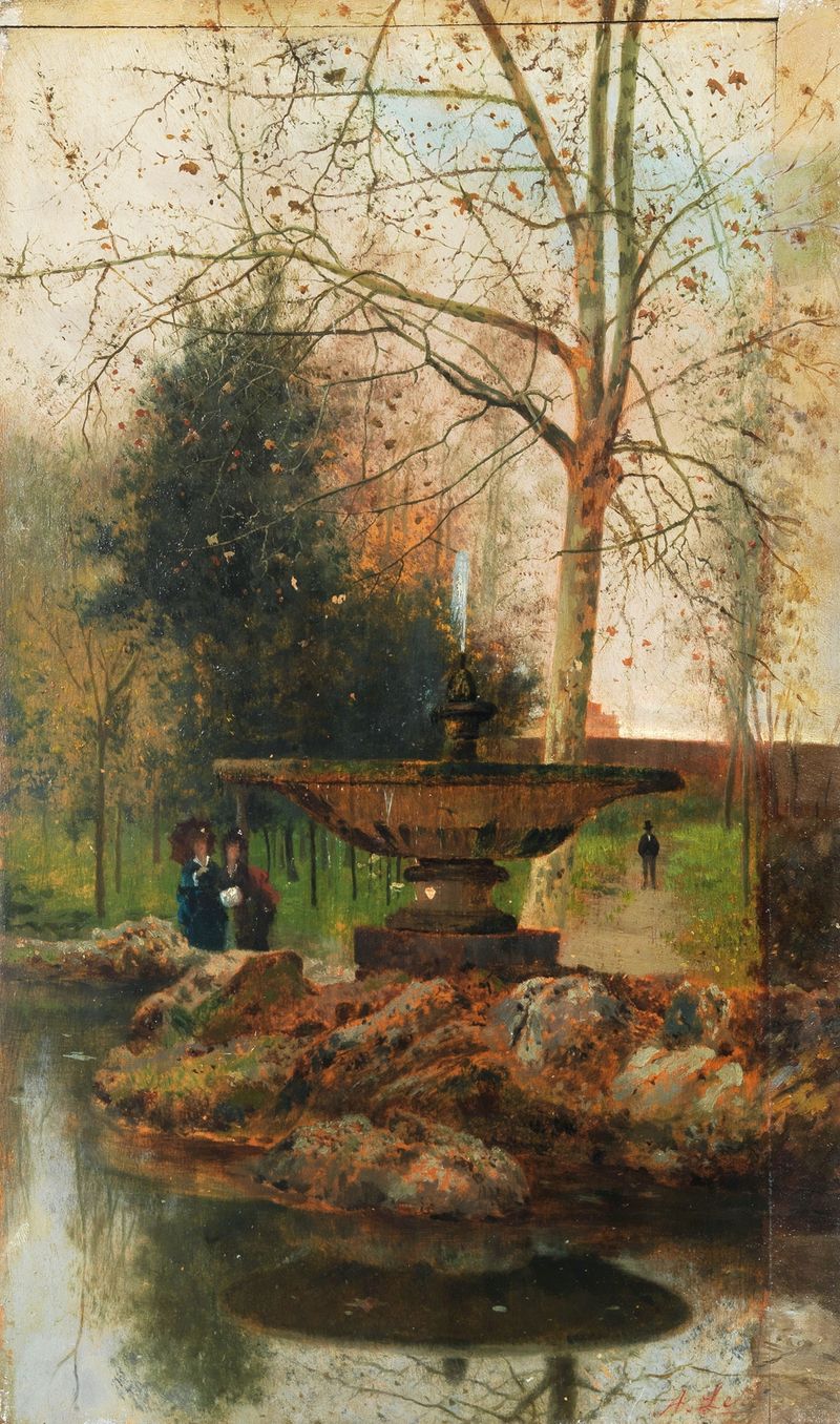 Cena figurativa de uma fonte com figuras, pintura a óleo de Antonio Leto