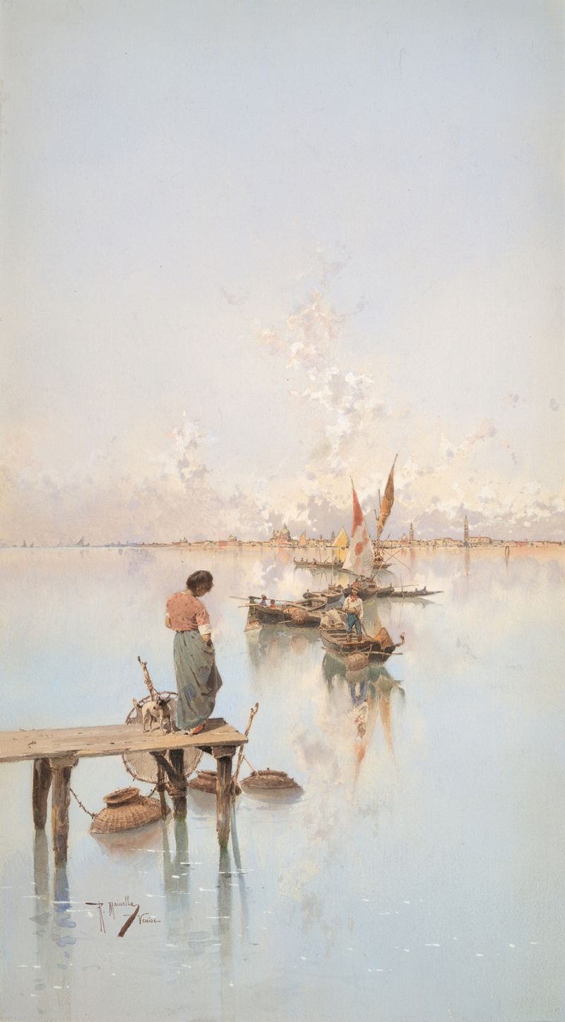 Paisaje impresionista de Raffaele Mainella que representa Venecia al atardecer