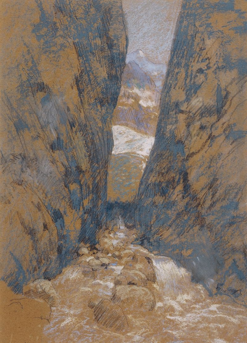 A Mountain Gorge by John Henry Twachtman, oil on canvas depicting rugged cliffs and soft light.