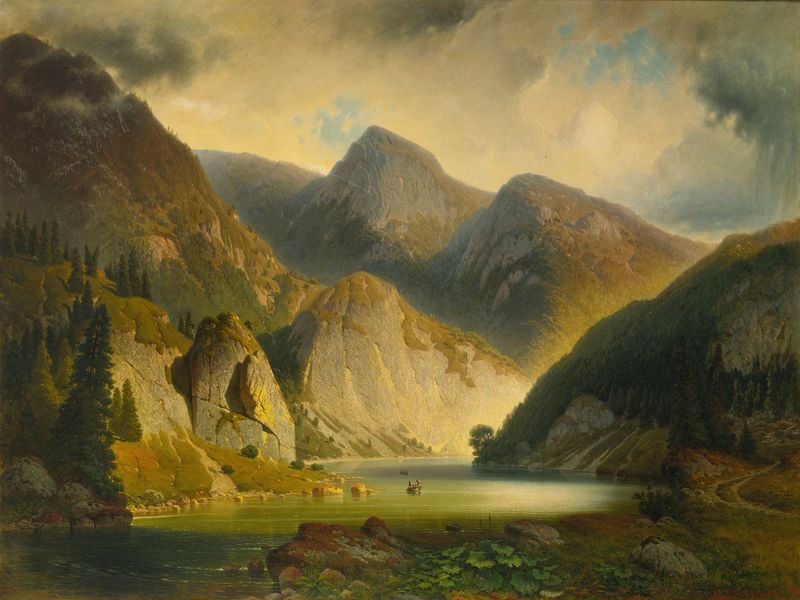 An Alpine Lake by Aleksander Swieszewski, oil on canvas, tranquil lake reflecting mountains at twilight