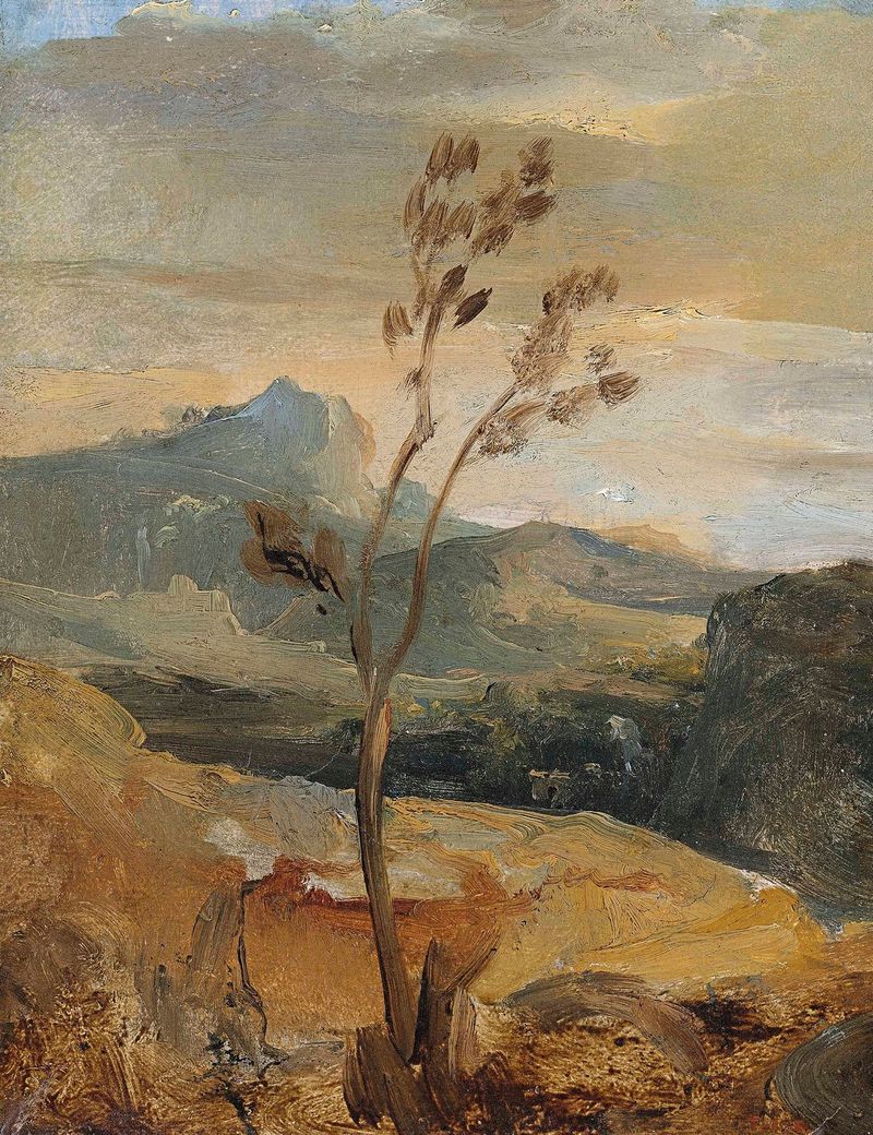 Pintura al óleo de Théodore Rousseau que muestra un paisaje con árboles y colinas.