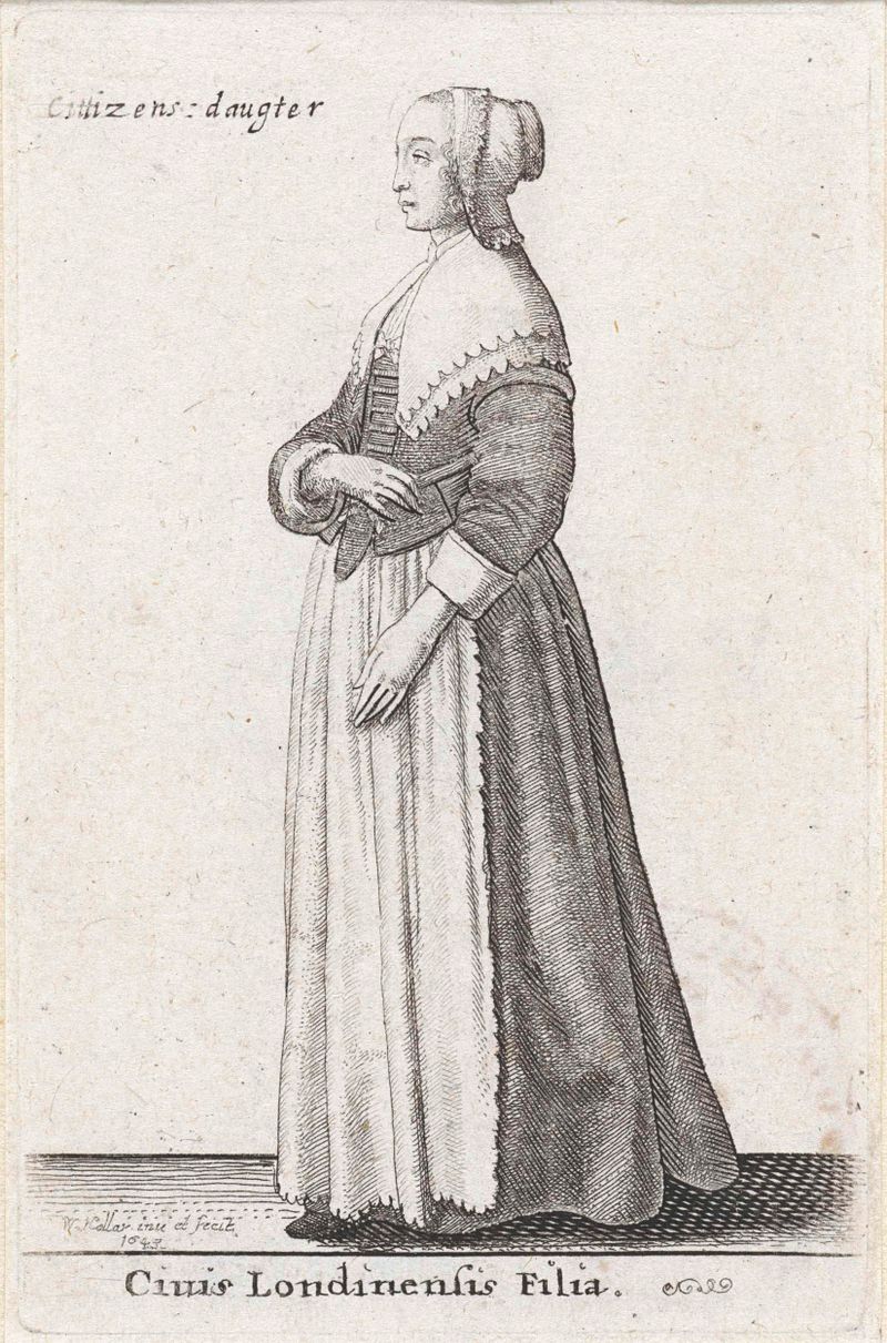 Grabado de Wenceslaus Hollar con figuras contemplativas y detalles intrincados.