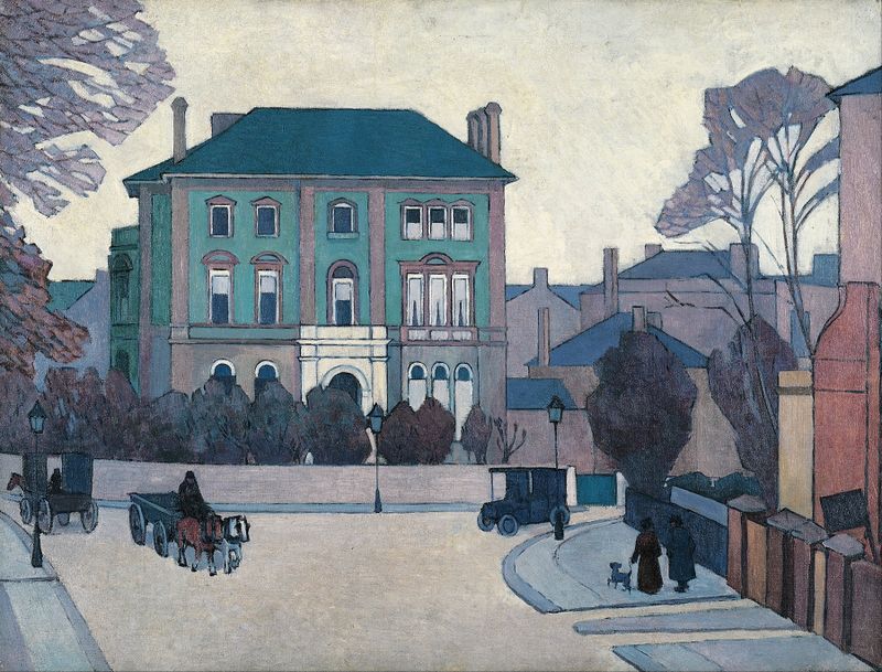 The Green House, an oil painting by Robert Polhill Bevan, features a greenhouse surrounded by a vibrant garden.
