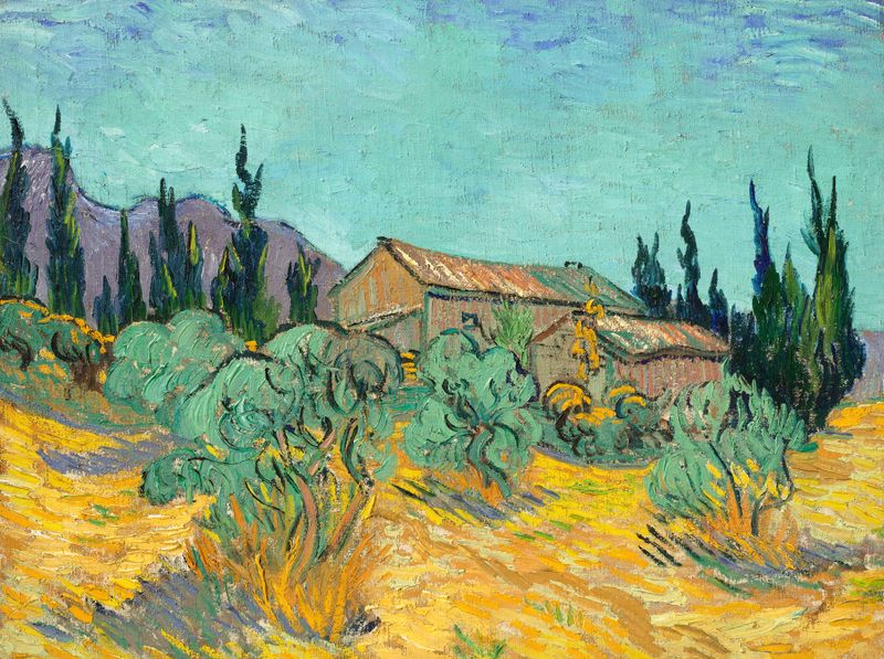 Cabanes de bois parmi les oliviers et cyprès, óleo sobre tela de Vincent van Gogh