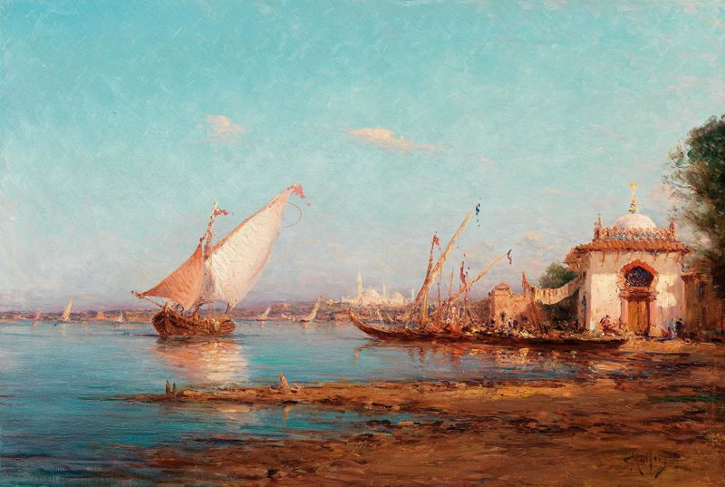 View of Istanbul de Henry Malfroy, óleo sobre lienzo, con minaretes y horizonte