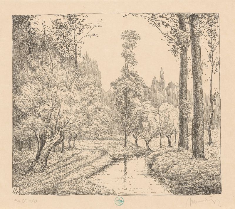Lago tranquilo e árvores em 'Park met water en bomen Aan de Geul' de Simon Moulijn, óleo sobre tela.