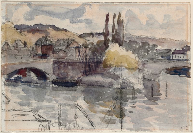 Pont Corneille à Rouen de Camille Pissarro, óleo sobre lienzo, que representa aguas tranquilas y un puente al amanecer.