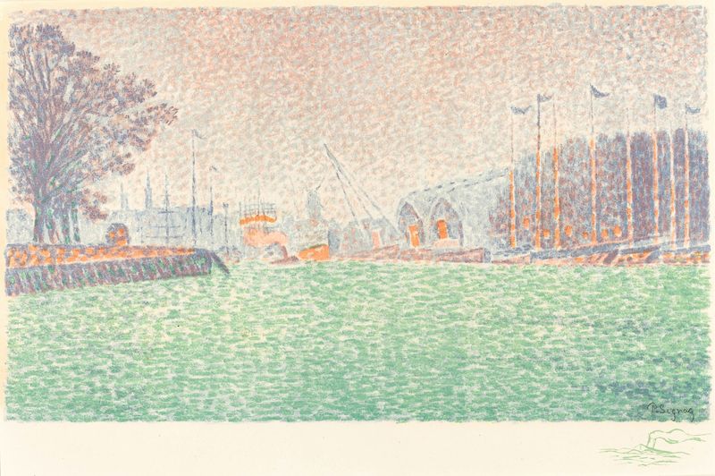At Flushing de Paul Signac, óleo sobre tela que retrata águas tranquilas e pinceladas vibrantes.