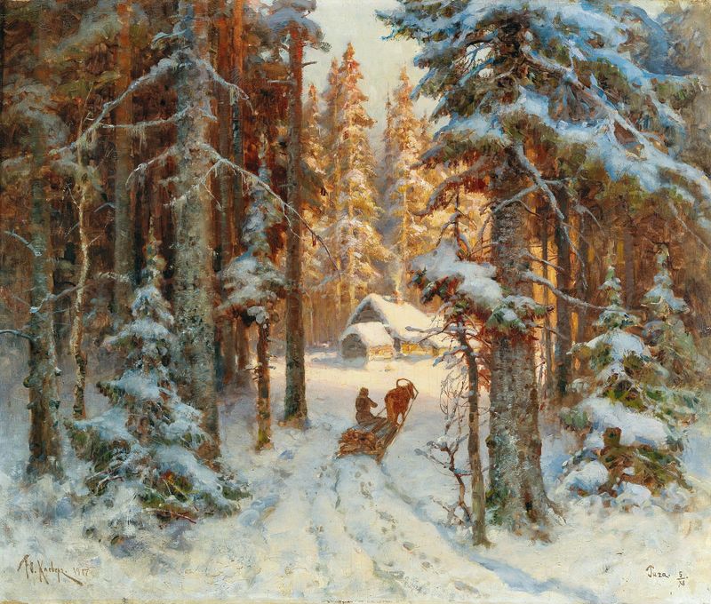 Woodcutters returning home, realism by Julius Sergius Klever
