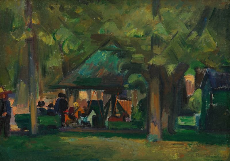 Merry-Go-Round in a Park de Franciszek Bartoszek, realismo, que muestra un carrusel en un parque tranquilo
