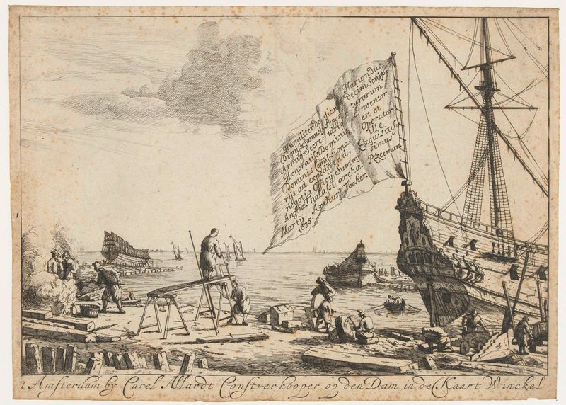 Grabado marino de artista desconocido que representa un astillero con barcos y agua.