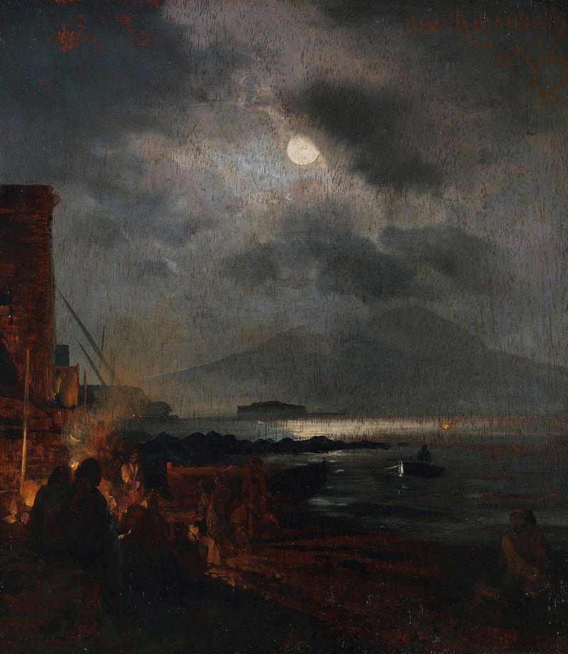 Cena marinha com luz da lua sobre as águas de Nápoles, pintura a óleo de Oswald Achenbach