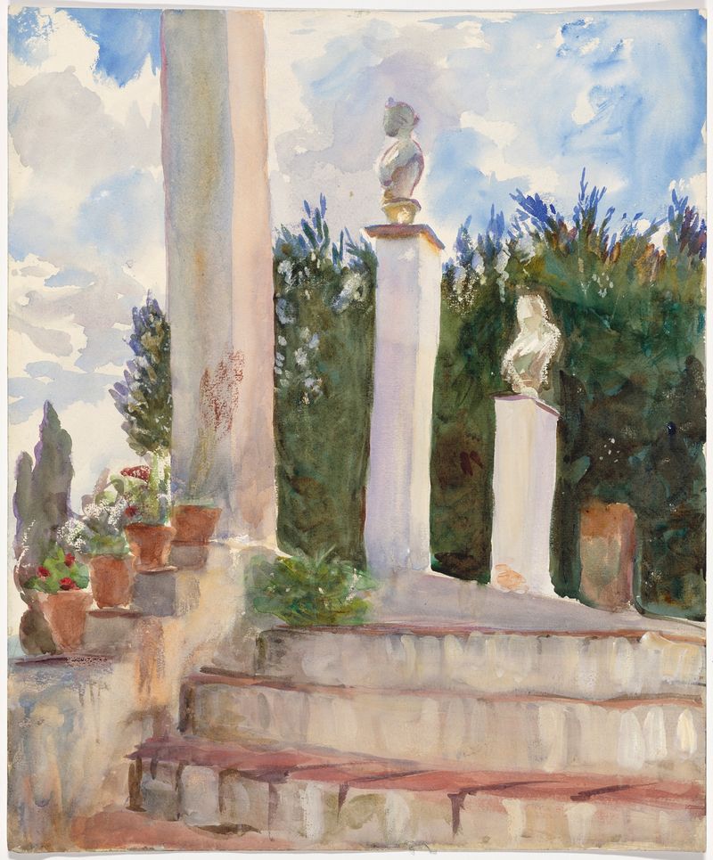 Generalife by Emily Sargent, oil on canvas depicting a garden with a fountain and flowing water.