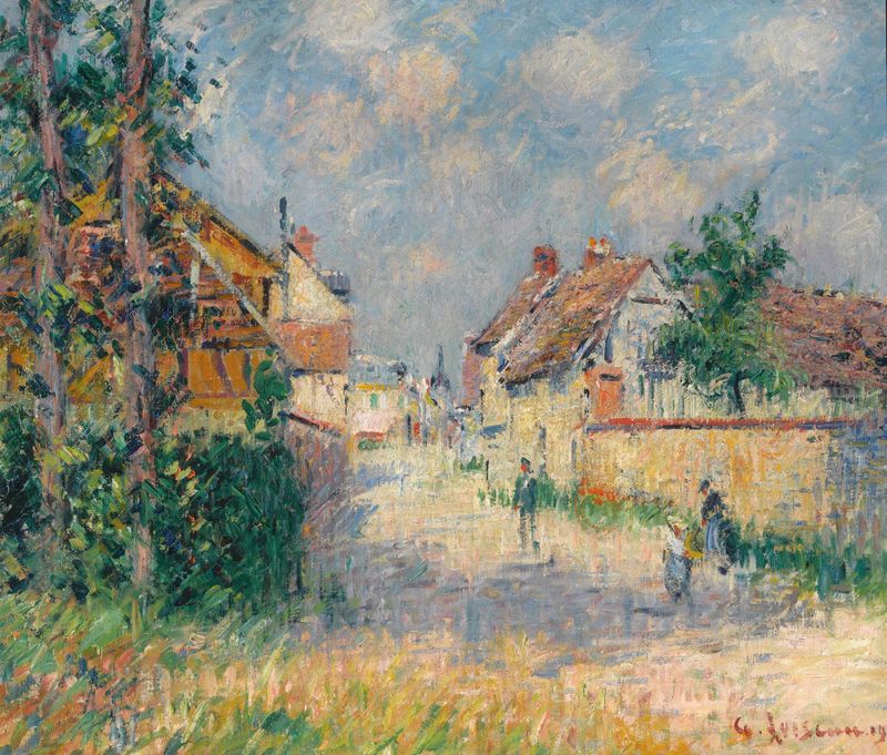 Rue À Saint-Cyr-Du-Vaudreuil de Gustave Loiseau, óleo sobre tela que retrata uma paisagem campestre serena.