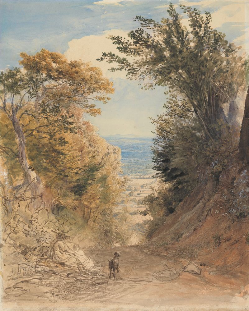 Landscape of rolling hills under a soft sky, oil on canvas by Samuel Palmer