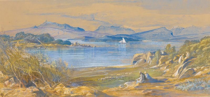 Porto Tre Scoglie, Albania de Edward Lear, que muestra acantilados escarpados y mar, pintura al óleo
