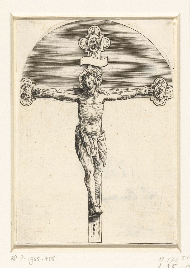 Grabado Kruisiging de Jacques Callot que representa la crucifixión de Cristo con luz y sombra dramáticas.