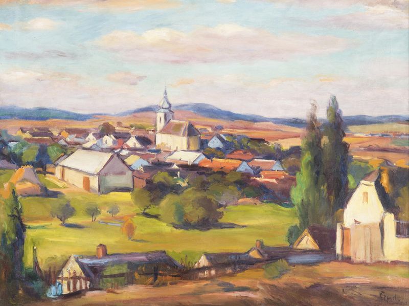 Lukov cerca de Moravské Budějovice, óleo sobre lienzo de František Šindelář que representa un paisaje sereno.
