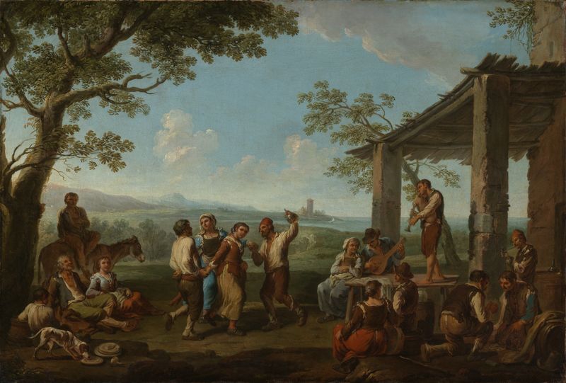 Genre scene depicting dancing Italian peasants, oil painting by Paolo Monaldi