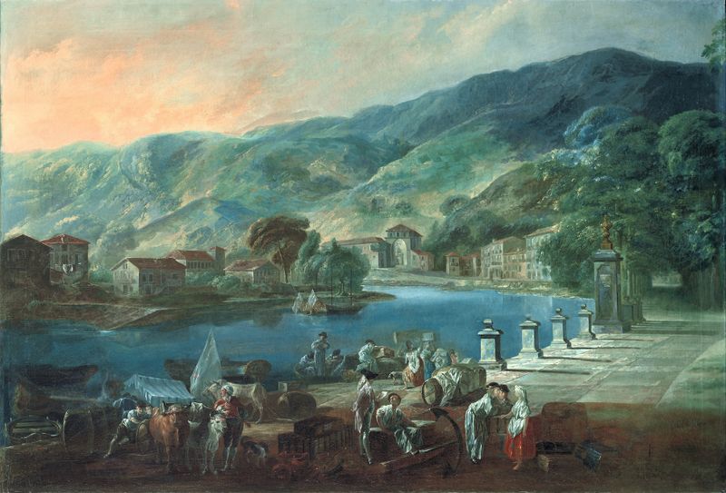 Landscape view with a river and village by Luis Paret y Alcázar, oil painting