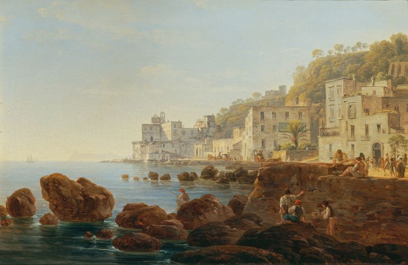 Marine scene with trees and water, oil painting by Joseph Rebell