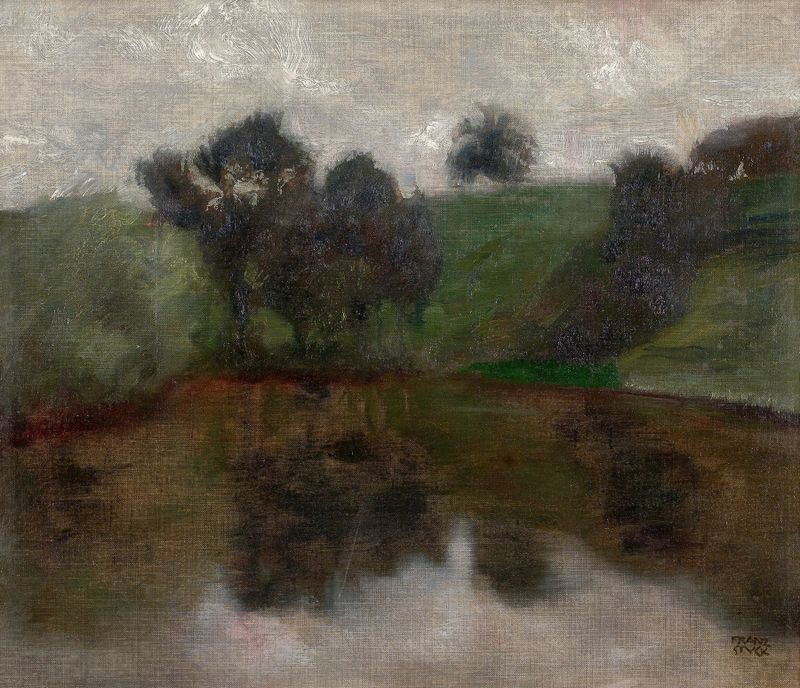 Landscape by Franz von Stuck, oil on canvas, depicting a serene horizon with earth tones and soft colors.