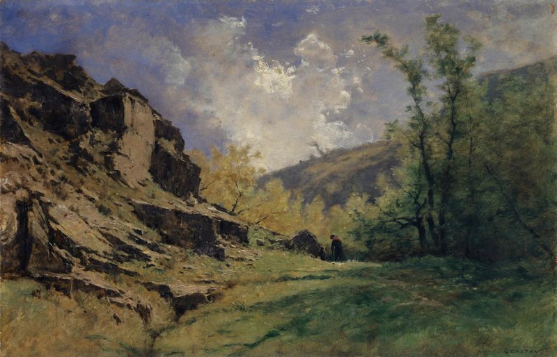 Rocky landscape oil painting by Gustave Castan, featuring jagged stones and earth tones.