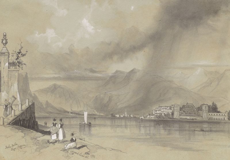 Isola Bella, Lago Maggiore de Edward Lear, aquarela sobre papel, retrata um lago sereno cercado por colinas.