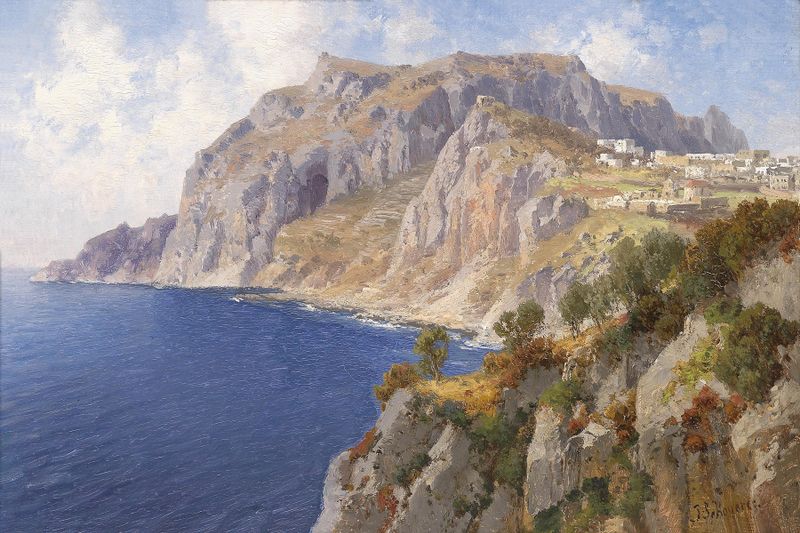 Paisagem de Capri com mar cerúleo e penhascos dourados, óleo sobre tela de Joseph Schoyerer