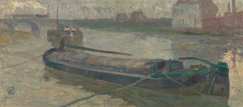 Vista da Stropbrug em Ghent por Gustave De Smet, pintura a óleo que retrata um canal e uma ponte.