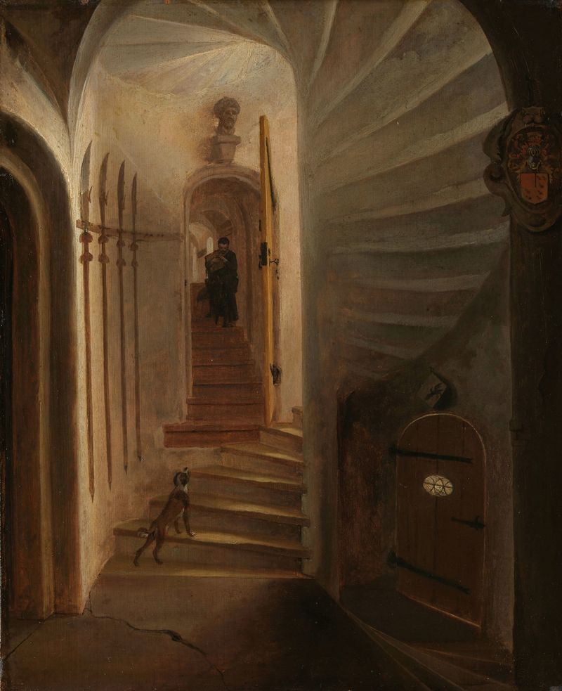 Oil painting by Egbert van der Poel, depicting a man descending stairs in a historical scene