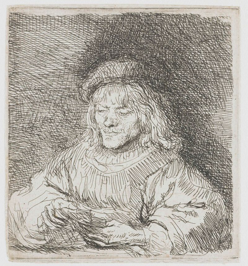 Gravura de Rembrandt van Rijn mostrando um homem focado em suas cartas sob a luz de uma vela.