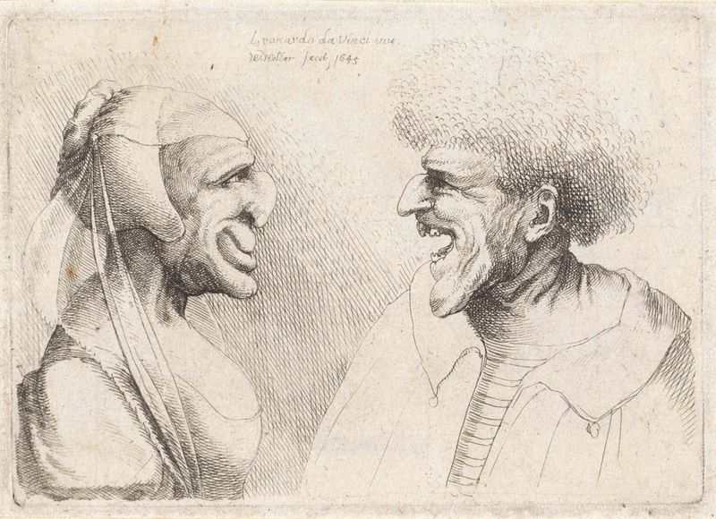 Gravura de Wenceslaus Hollar mostrando rostos distorcidos de um homem e uma mulher expressando alegria e tristeza.