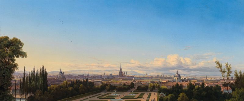 A landscape view of Vienna from the Belvedere Garden by Johann Heinrich Hintze, oil painting.