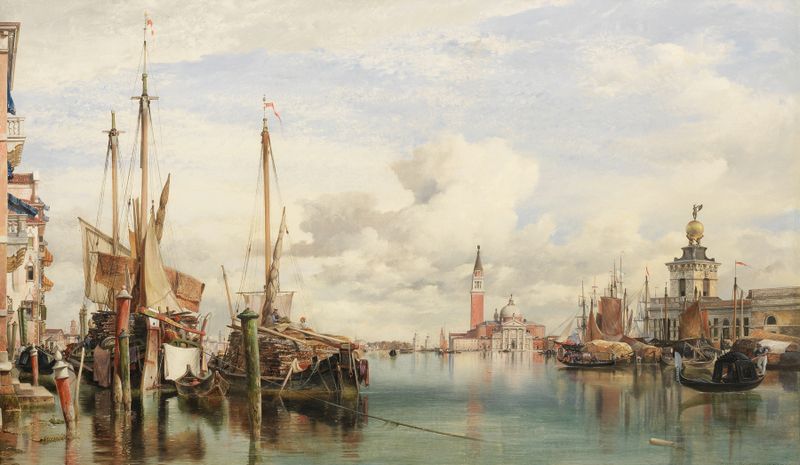 Escena marina con barcos en el agua, pintura al óleo de Edward William Cooke