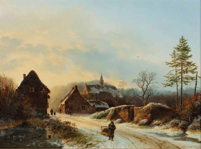 A winter’s day by Barend Cornelis Koekkoek, depicting figures in winter attire in a snowy landscape.