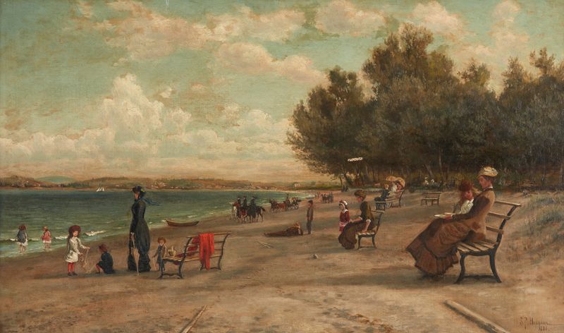 Beach Scene de Sylvester Phelps Hodgdon, pintura al óleo que muestra figuras en la orilla.