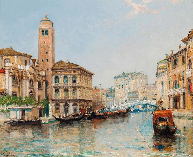 Paisaje impresionista de Venecia por Arthur Joseph Meadows, que representa agua y atardecer.