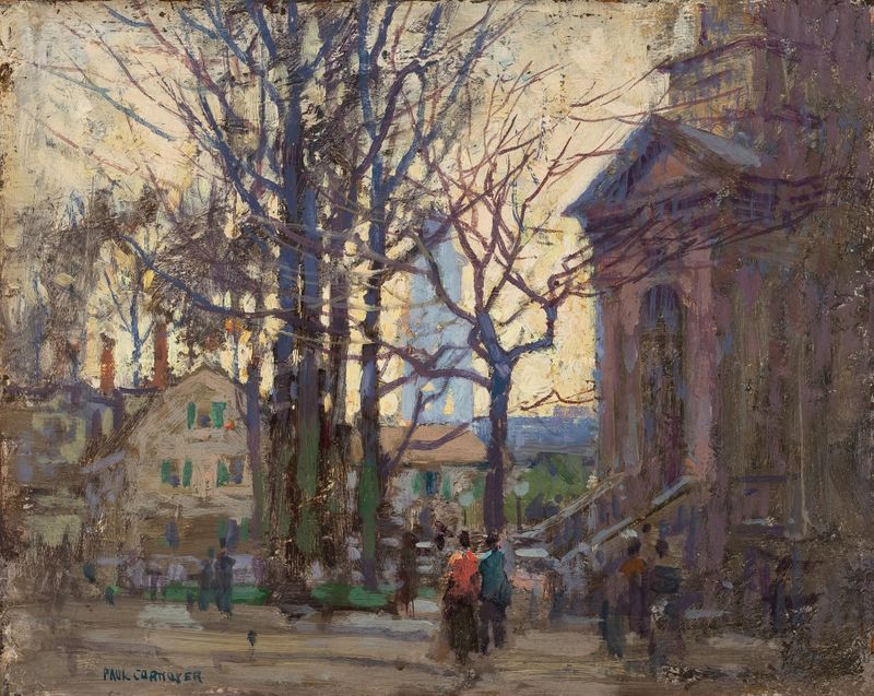 A Gloucester Street de Paul Cornoyer, pintura a óleo de uma rua de paralelepípedos iluminada por luz dourada quente.