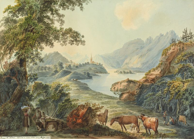 Genre scene depicting rural life in a Swiss landscape, oil painting by Johann Georg Volmar