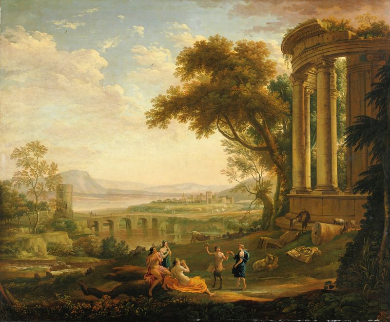 Cena mitológica com um sátiro e uma ninfa, pintura a óleo de Claude Lorrain