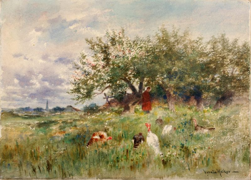 Oil on canvas by Horatio Walker depicting a figure in nature surrounded by wild turkeys