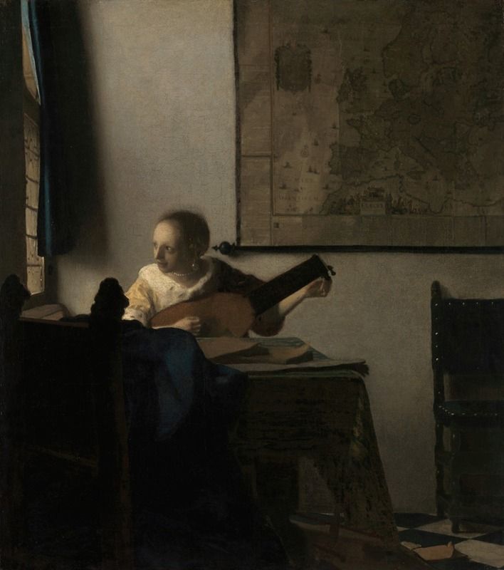 Young Woman with a Lute, oil on canvas by Johannes Vermeer, showing a woman in sunlight.