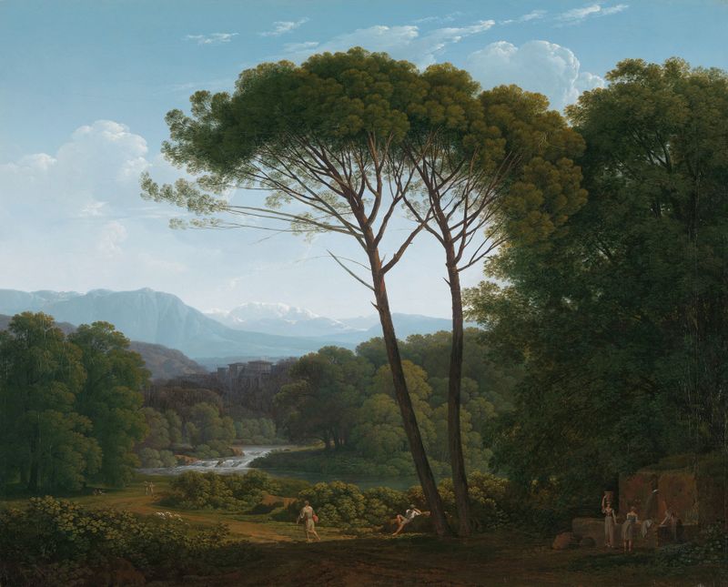Italianate Landscape with Pines by Hendrik Voogd, oil painting showing towering pines and a tranquil hillside.