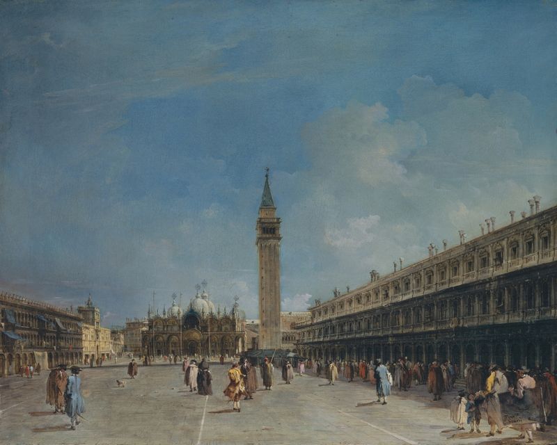 Piazza San Marco by Francesco Guardi, oil on canvas, depicting reflections and architecture in Venice