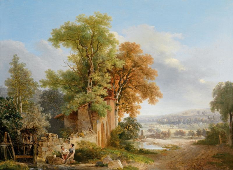 Genre scene of washerwomen in a landscape by Wolfgang Adam Töpffer, oil painting