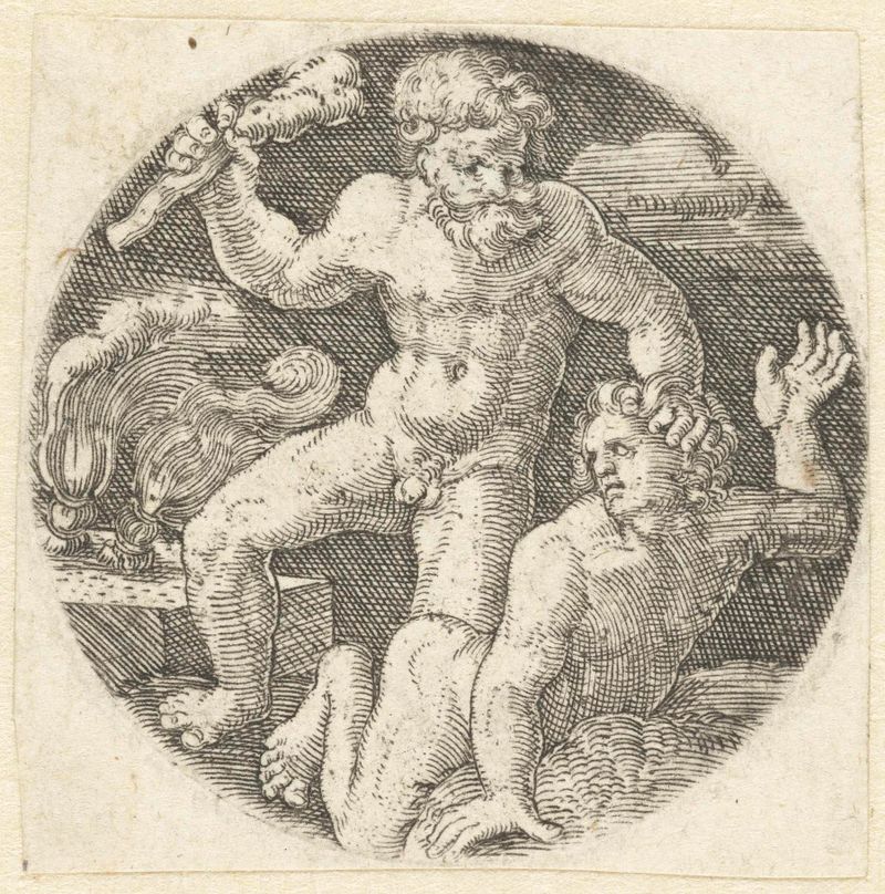 Grabado Kain doodt Abel de Jacob Binck que muestra a Caín y Abel en un momento de violencia.