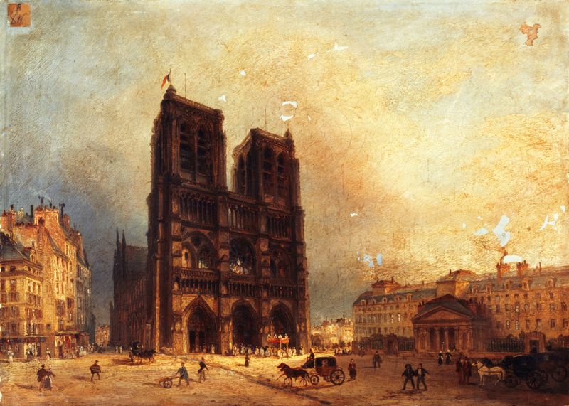 Vue du parvis de Notre-Dame by Domenico Ferri, oil on canvas depicting Gothic architecture.